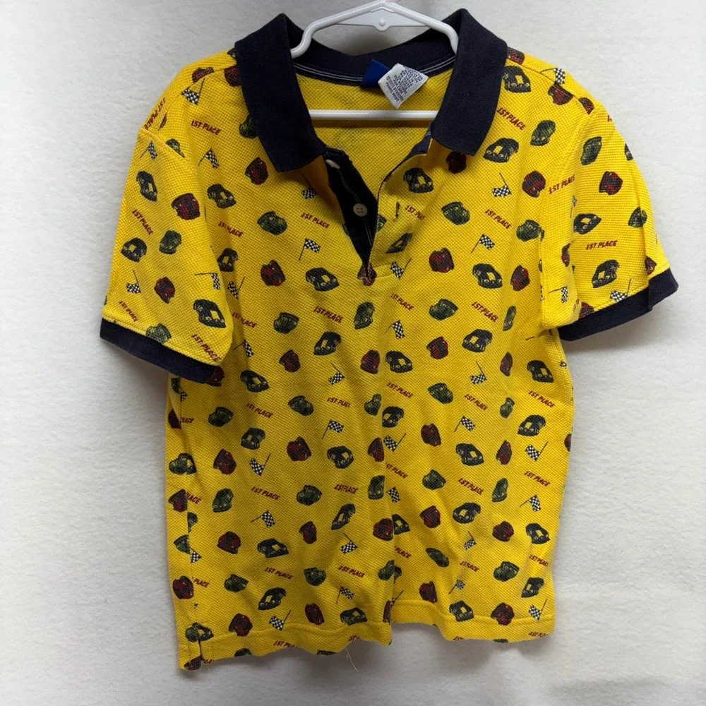 Vintage Kids Gymboree Large Yellow Racing Cars Flags Polo Shirt Cotton‎ 5 Yrs